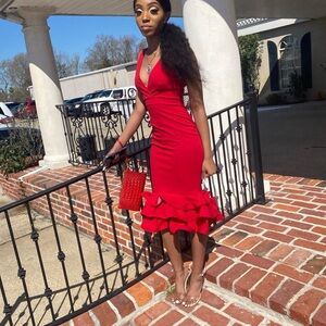 Elegant Red Ruffle Hem Dress